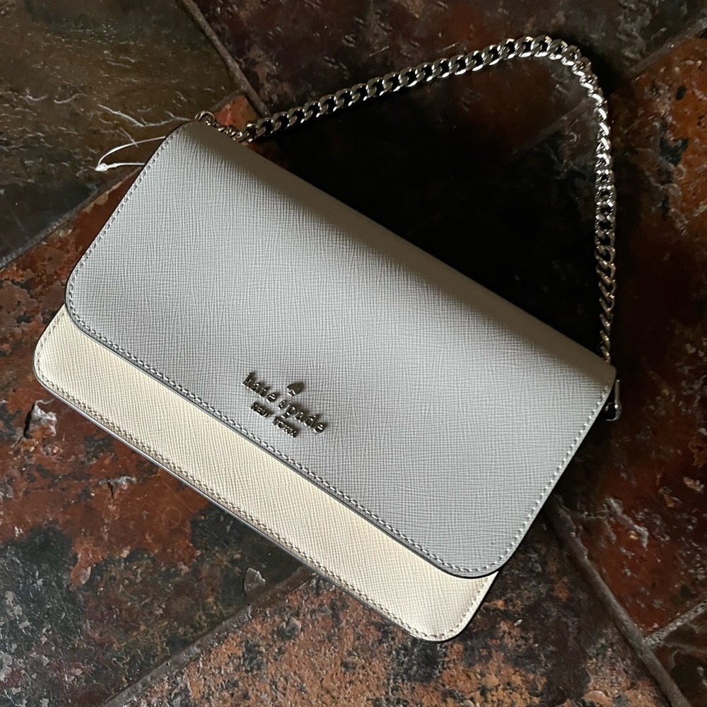 kate spade Madison Willow Mini Cream, Light Gray and Black. Silver tone chain.